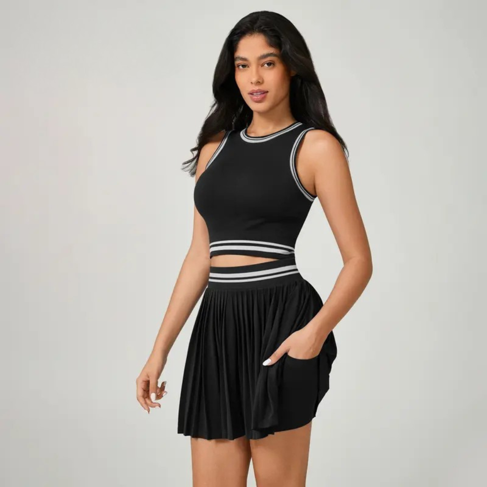 Conjunto Short Saia e Cropped Poliamida Premium Academia Bolso Lateral Fitness Cintura Alta