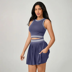 Conjunto Short Saia e Cropped Poliamida Premium Academia Bolso Lateral Fitness Cintura Alta