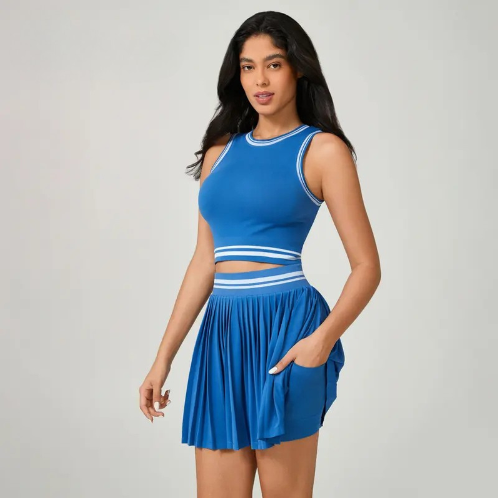 Conjunto Short Saia e Cropped Poliamida Premium Academia Bolso Lateral Fitness Cintura Alta