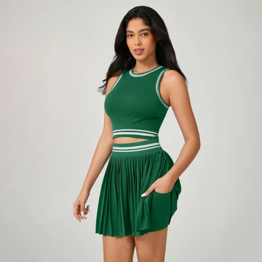 Conjunto Short Saia e Cropped Poliamida Premium Academia Bolso Lateral Fitness Cintura Alta