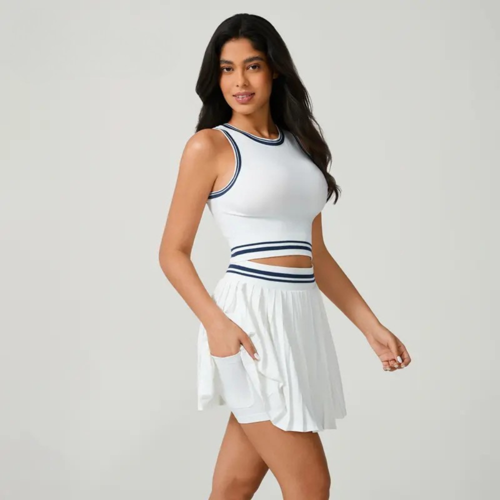 Conjunto Short Saia e Cropped Poliamida Premium Academia Bolso Lateral Fitness Cintura Alta