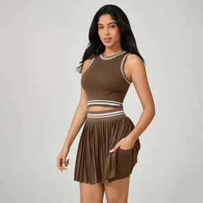 Conjunto Short Saia e Cropped Poliamida Premium Academia Bolso Lateral Fitness Cintura Alta